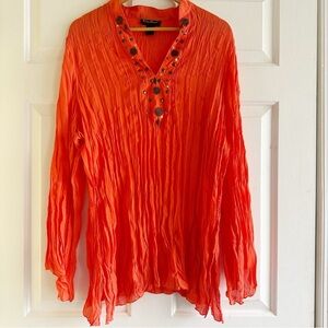 Vintage‎ Ashley Stewart Plisse Rushed Beaded Collar Tunic Boho Top Orange Red 2X